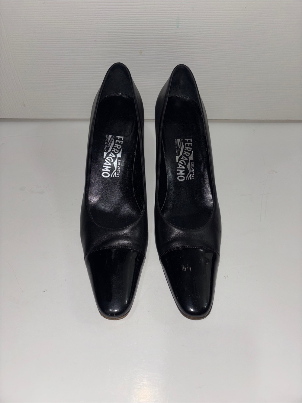 Salvatore Ferragamo Black Leather Square-Toe Pumps It’s a size 8.5but it runs sm
